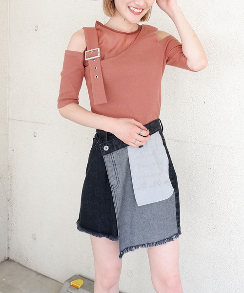 SPIRALGIRL（スパイラルガール）の「アシンメトリーシースルートップス（Tシャツ/カットソー・レディース・グリーン/ブラウン/ブラック・FREE）」の17枚目の写真