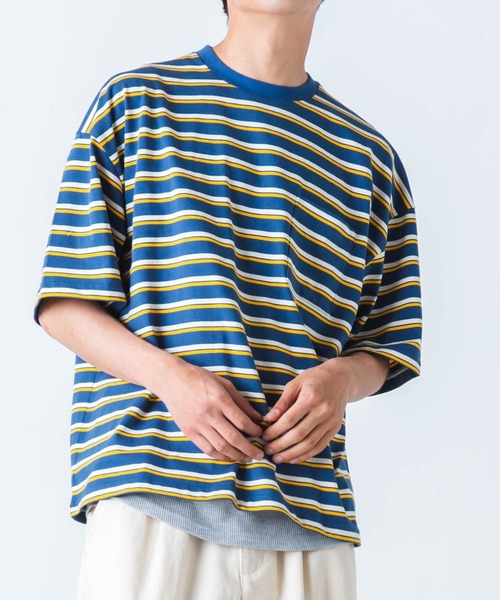 WEGO（ウィゴー）の「WEGO/マルチボーダー半袖ビッグT（Tシャツ/カットソー・メンズ・ブルー系その他5/ホワイト系その他5/ブラウン系その他5・MEDIUM/LARGE）」の3枚目の写真