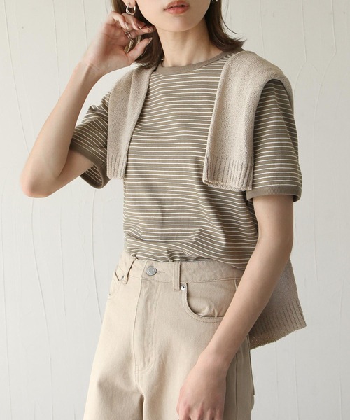 Chillfar(チルファー)の「ボーダーリンガーTシャツ(Tシャツ/カットソー・レディース・ホワイト/ネイビー/カーキ/モカ/クリーム/ホワイト系/ブラック・FREE)」の4枚目の写真