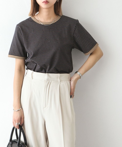 Chillfar(チルファー)の「ボーダーリンガーTシャツ(Tシャツ/カットソー・レディース・ホワイト/ネイビー/カーキ/モカ/クリーム/ホワイト系/ブラック・FREE)」の10枚目の写真