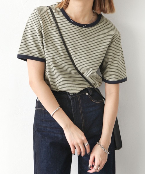 Chillfar(チルファー)の「ボーダーリンガーTシャツ(Tシャツ/カットソー・レディース・ホワイト/ネイビー/カーキ/モカ/クリーム/ホワイト系/ブラック・FREE)」の12枚目の写真