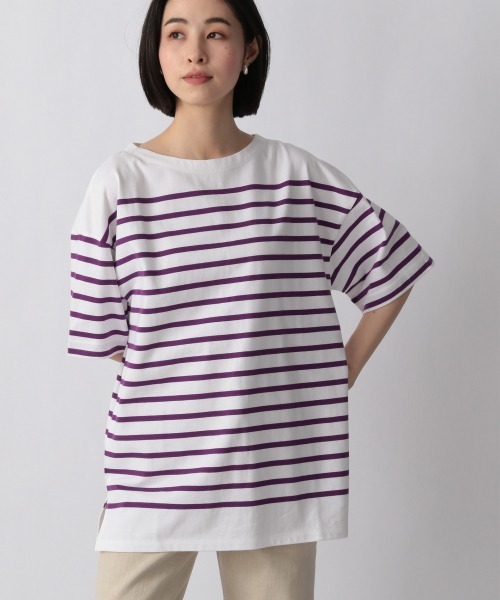 LOWRYS FARM（ローリーズファーム）の「ＵＳＡボーダーＳＳ　949103（Tシャツ/カットソー・レディース・ブラック/ネイビー/パープル/ピンク/オレンジ・FREE）」の4枚目の写真