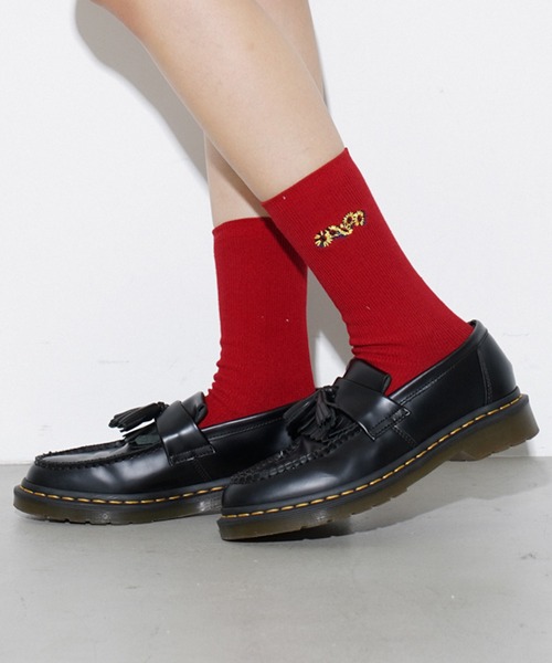 X-girl（エックスガール）の「EMBROIDERED SUNFLOWER LOGO RIB SOCKS（ソックス/靴下・レディース・ブラック/レッド/ブルー/ホワイト・ONE SIZE）」の4枚目の写真