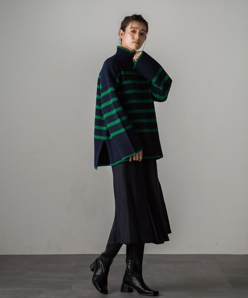 Droite lautreamont（ドロワットロートレアモン）の「片あぜボーダーニットプルオーバー≪洗える≫（ニット/セーター・レディース・アイボリー/ブラック系その他/グリーン系その他・M）」の9枚目の写真