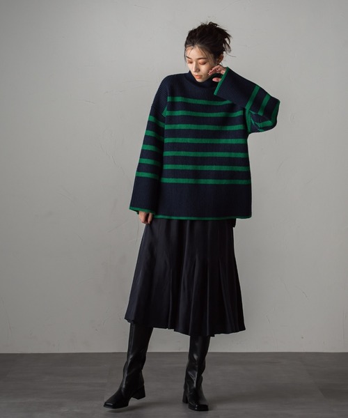 Droite lautreamont（ドロワットロートレアモン）の「片あぜボーダーニットプルオーバー≪洗える≫（ニット/セーター・レディース・アイボリー/ブラック系その他/グリーン系その他・M）」の10枚目の写真