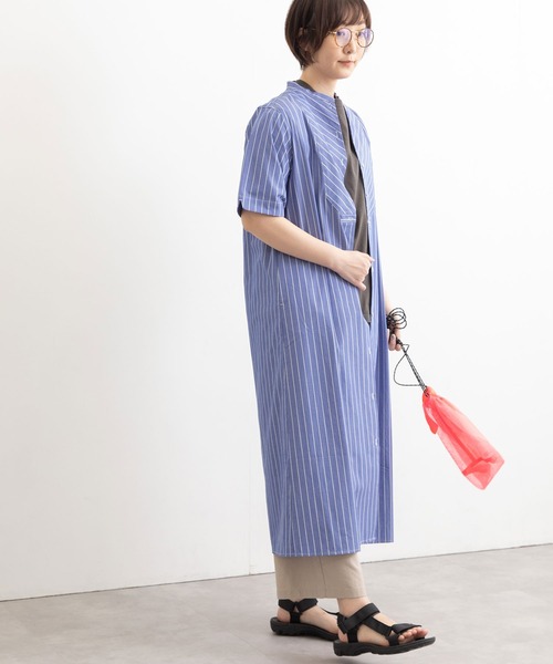 POU DOU DOU(プードゥドゥ)の「スタンドカラーワンポイント刺繍ロングシャツワンピース(ワンピース・レディース・グレー/ライトブルー/ブルー・3)」の21枚目の写真