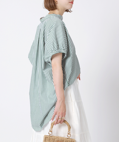 B.C STOCK(ベーセーストック)の「TCブロードストライプシャツ(シャツ/ブラウス・レディース・ネイビー/ブラウン/グリーン・FREE)」の2枚目の写真