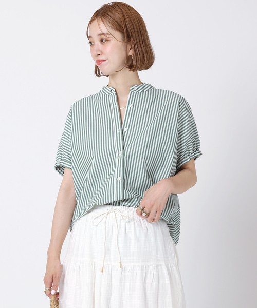 B.C STOCK(ベーセーストック)の「TCブロードストライプシャツ(シャツ/ブラウス・レディース・ネイビー/ブラウン/グリーン・FREE)」の9枚目の写真