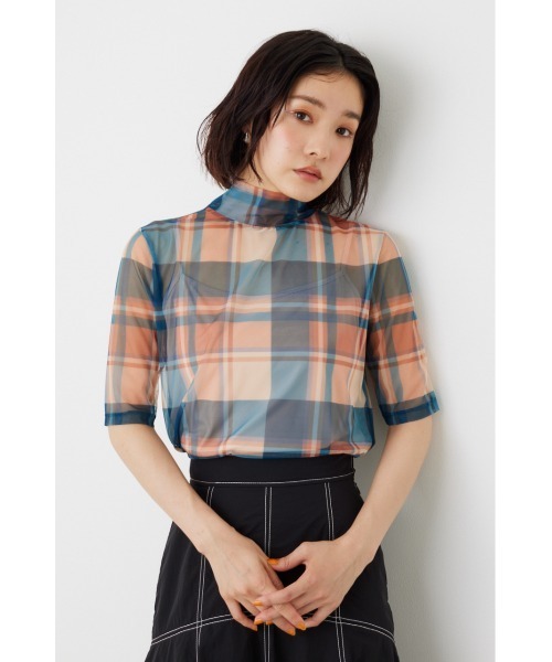 rienda(リエンダ)の「シアーチェックチュールトップス(Tシャツ/カットソー・レディース・オレンジ系その他/ブラック系その他/ブラック・FREE)」の1枚目の写真