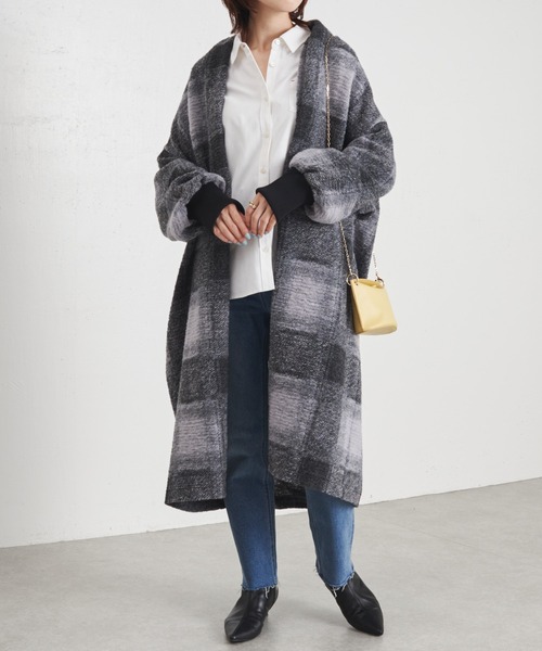 COLLAGE GALLARDAGALANTE（コラージュガリャルダガランテ）の「トレンドのチェック柄/軽量/イタリアンスライバーチェックコート/手洗い可（ノーカラーコート・レディース・ブラウン/ネイビー/グレー・FREE）」の10枚目の写真