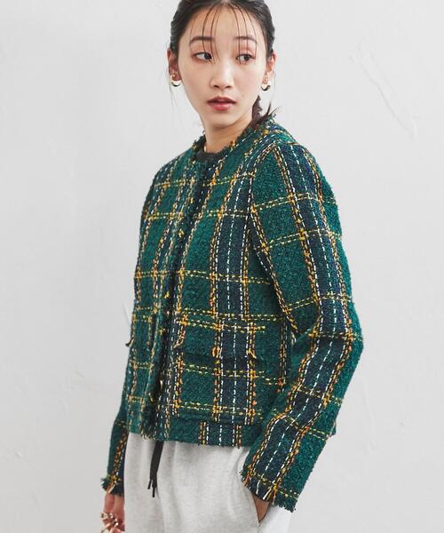 coen（コーエン）の「ショートツイードジャケット（セットアップ対応）（ノーカラージャケット・レディース・ダークグリーン/ブラック・L/M）」の11枚目の写真