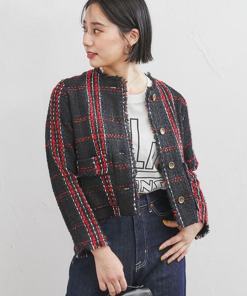 coen（コーエン）の「ショートツイードジャケット（セットアップ対応）（ノーカラージャケット・レディース・ダークグリーン/ブラック・L/M）」の18枚目の写真