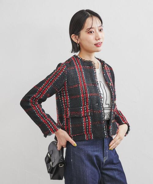 coen（コーエン）の「ショートツイードジャケット（セットアップ対応）（ノーカラージャケット・レディース・ダークグリーン/ブラック・L/M）」の14枚目の写真