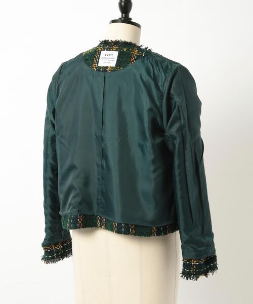 coen（コーエン）の「ショートツイードジャケット（セットアップ対応）（ノーカラージャケット・レディース・ダークグリーン/ブラック・L/M）」の4枚目の写真