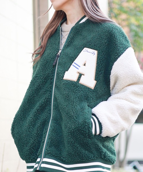 Bling Leads(ブリングリーズ)の「★Bling leads★ボアスタジアムジャンパー(スタジャン・レディース・ベージュ×ブラック/グリーン系/ブラック×ベージュ/ブラウン系/ホワイト×グリーン/ホワイト・LARGE/X-LARGE/MEDIUM)」の6枚目の写真