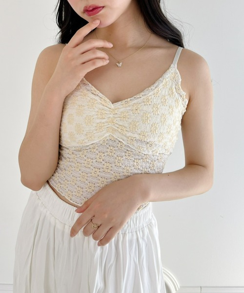 Loueme(ルエム)の「【23S/S 春夏新作】フラワーデザインカップ付きインナーキャミ(キャミソール・レディース・ラベンダー/ライトグリーン/アイボリー/ライトブルー/ブラック・FREE)」の8枚目の写真