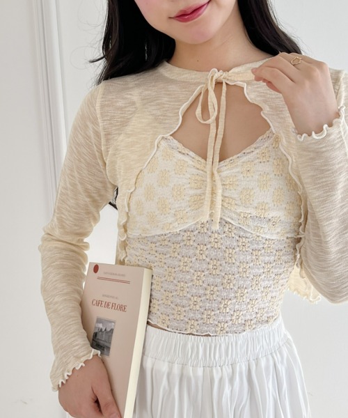 Loueme(ルエム)の「【23S/S 春夏新作】フラワーデザインカップ付きインナーキャミ(キャミソール・レディース・ラベンダー/ライトグリーン/アイボリー/ライトブルー/ブラック・FREE)」の6枚目の写真