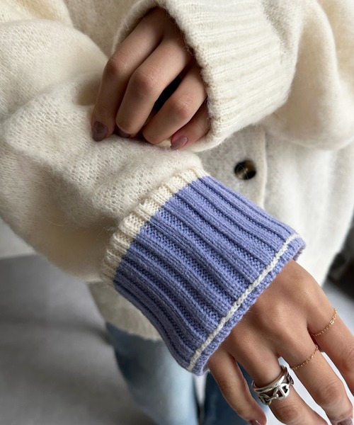 DouDou（ドゥドゥ）の「袖配色2WAYシャギーニット（カーディガン/ボレロ・レディース・オフホワイト/ブルー/グリーン・FREE）」の8枚目の写真