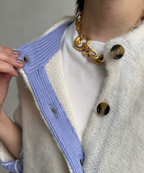 DouDou（ドゥドゥ）の「袖配色2WAYシャギーニット（カーディガン/ボレロ・レディース・オフホワイト/ブルー/グリーン・FREE）」の13枚目の写真