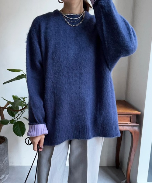 DouDou（ドゥドゥ）の「袖配色2WAYシャギーニット（カーディガン/ボレロ・レディース・オフホワイト/ブルー/グリーン・FREE）」の11枚目の写真