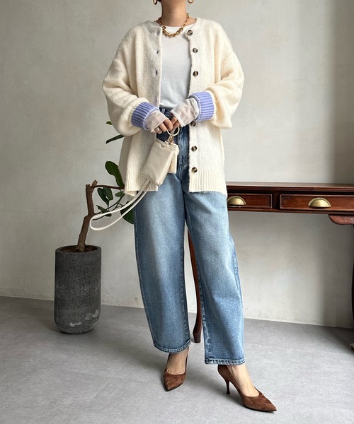 DouDou（ドゥドゥ）の「袖配色2WAYシャギーニット（カーディガン/ボレロ・レディース・オフホワイト/ブルー/グリーン・FREE）」の9枚目の写真