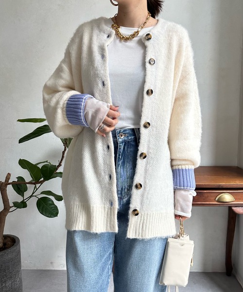 DouDou（ドゥドゥ）の「袖配色2WAYシャギーニット（カーディガン/ボレロ・レディース・オフホワイト/ブルー/グリーン・FREE）」の15枚目の写真