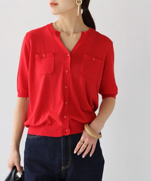 HER CLOSET（ハークローゼット）の「【shemoshelly】WEB限定ポケットデザインサマーニットカーディガントップス 新色追加（カーディガン/ボレロ・レディース・レッド/グリーン/ブルー/アイボリー/ブラック・M）」の5枚目の写真