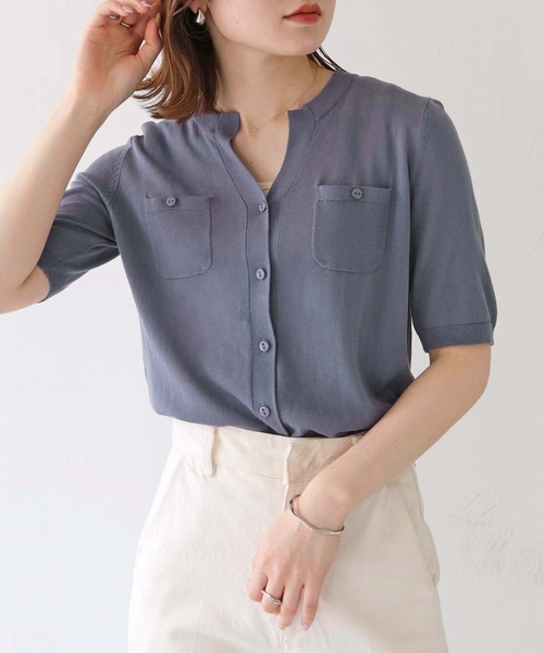 HER CLOSET（ハークローゼット）の「【shemoshelly】WEB限定ポケットデザインサマーニットカーディガントップス 新色追加（カーディガン/ボレロ・レディース・レッド/グリーン/ブルー/アイボリー/ブラック・M）」の4枚目の写真