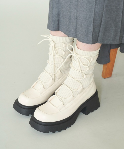 イデム リボン 編み上げ ブーツ lace up buckle long boots レース