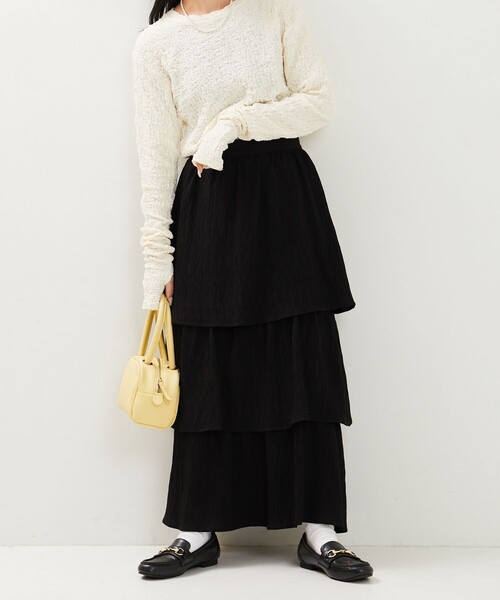 FREAK'S STORE（フリークスストア）の「限定展開　ワッシャー ジャガード 3段 フリルスカート（スカート・レディース・ブラウン/ブラック/ナチュラル・MEDIUM/SMALL）」の2枚目の写真