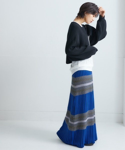 Soiunique（スワユニーク）の「総柄ニットボーダースカート ［Soiunique］（スカート・レディース・ブルー系/オレンジ系/ブラック系・L/LL/M）」の4枚目の写真