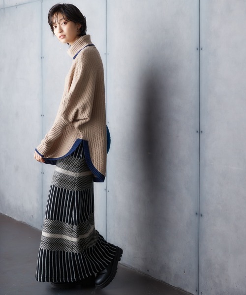 Soiunique（スワユニーク）の「総柄ニットボーダースカート ［Soiunique］（スカート・レディース・ブルー系/オレンジ系/ブラック系・L/LL/M）」の9枚目の写真