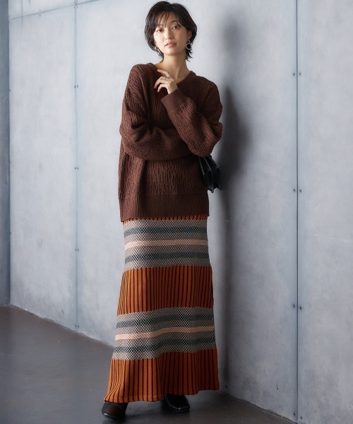 Soiunique（スワユニーク）の「総柄ニットボーダースカート ［Soiunique］（スカート・レディース・ブルー系/オレンジ系/ブラック系・L/LL/M）」の10枚目の写真