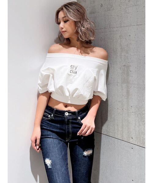 GYDA（ジェイダ）の「Square gyda エンボス オフショル トップス（Tシャツ/カットソー・レディース・オフホワイト/イエロー/ブラック・FREE）」の11枚目の写真