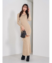 ステッチリボンニットロングワンピース
