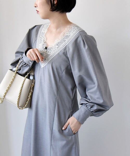 quaranciel(カランシエル)の「quaranciel:〈手洗い可能〉ウーステッド レース コンシャス ワンピース(ワンピース・レディース・ネイビー/ライトグレー・ONE SIZE)」の17枚目の写真