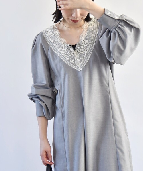 quaranciel(カランシエル)の「quaranciel:〈手洗い可能〉ウーステッド レース コンシャス ワンピース(ワンピース・レディース・ネイビー/ライトグレー・ONE SIZE)」の21枚目の写真
