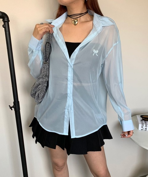 non-hedge（ノンヘッジ）の「リボンモチーフ刺繍シアーシャツ（シャツ/ブラウス・レディース・オフホワイト/ブルー/ピンク/グリーン/ベージュ/パープル・FREE）」の5枚目の写真