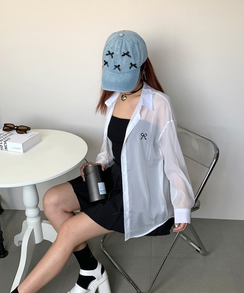 non-hedge（ノンヘッジ）の「リボンモチーフ刺繍シアーシャツ（シャツ/ブラウス・レディース・オフホワイト/ブルー/ピンク/グリーン/ベージュ/パープル・FREE）」の10枚目の写真