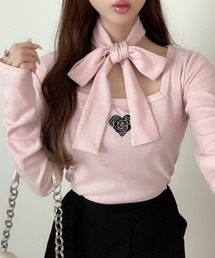 タイ付き ハート ローズ 刺繍 スクエアネック バレエコア トップス
