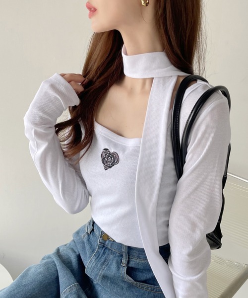 Ada.(エイダ)の「タイ付き ハート ローズ 刺繍 スクエアネック バレエコア トップス(Tシャツ/カットソー・レディース・ピンク/オフホワイト/ブラック・FREE)」の9枚目の写真