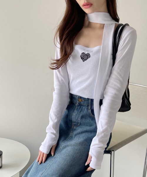 Ada.(エイダ)の「タイ付き ハート ローズ 刺繍 スクエアネック バレエコア トップス(Tシャツ/カットソー・レディース・ピンク/オフホワイト/ブラック・FREE)」の10枚目の写真