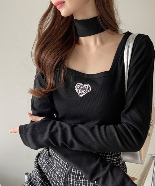 Ada.(エイダ)の「タイ付き ハート ローズ 刺繍 スクエアネック バレエコア トップス(Tシャツ/カットソー・レディース・ピンク/オフホワイト/ブラック・FREE)」の19枚目の写真