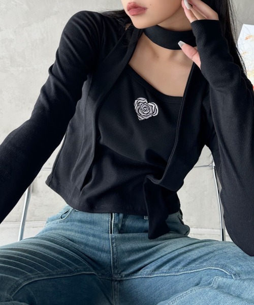 Ada.(エイダ)の「タイ付き ハート ローズ 刺繍 スクエアネック バレエコア トップス(Tシャツ/カットソー・レディース・ピンク/オフホワイト/ブラック・FREE)」の22枚目の写真