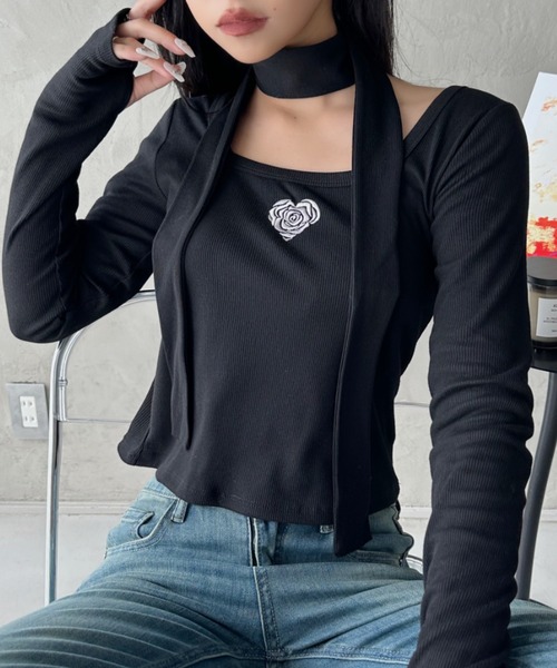 Ada.(エイダ)の「タイ付き ハート ローズ 刺繍 スクエアネック バレエコア トップス(Tシャツ/カットソー・レディース・ピンク/オフホワイト/ブラック・FREE)」の21枚目の写真