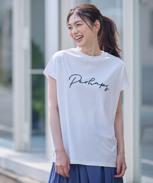 ANY(エニィ)の「【汗ジミ防止加工】シルケットスムースフレンチスリーブ刺繍ロゴTシャツ(Tシャツ/カットソー・レディース・ブラック系/ホワイト系/グレー系・4)」の1枚目の写真