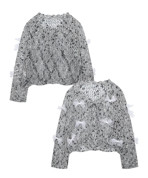 HOOK(フック)の「【HOOK】for girls シフォンリボンたっぷり透かしニットプルオーバー(ニット/セーター・レディース・グレー/ピンク・L/M/S)」の1枚目の写真