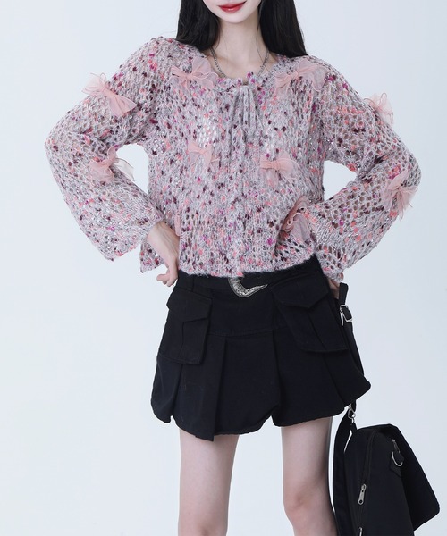 HOOK(フック)の「【HOOK】for girls シフォンリボンたっぷり透かしニットプルオーバー(ニット/セーター・レディース・グレー/ピンク・L/M/S)」の2枚目の写真