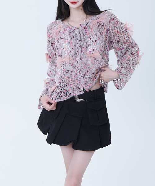 HOOK(フック)の「【HOOK】for girls シフォンリボンたっぷり透かしニットプルオーバー(ニット/セーター・レディース・グレー/ピンク・L/M/S)」の9枚目の写真