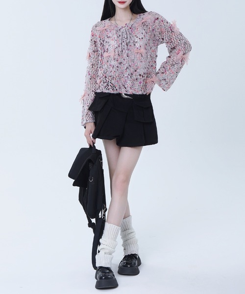 HOOK(フック)の「【HOOK】for girls シフォンリボンたっぷり透かしニットプルオーバー(ニット/セーター・レディース・グレー/ピンク・L/M/S)」の12枚目の写真